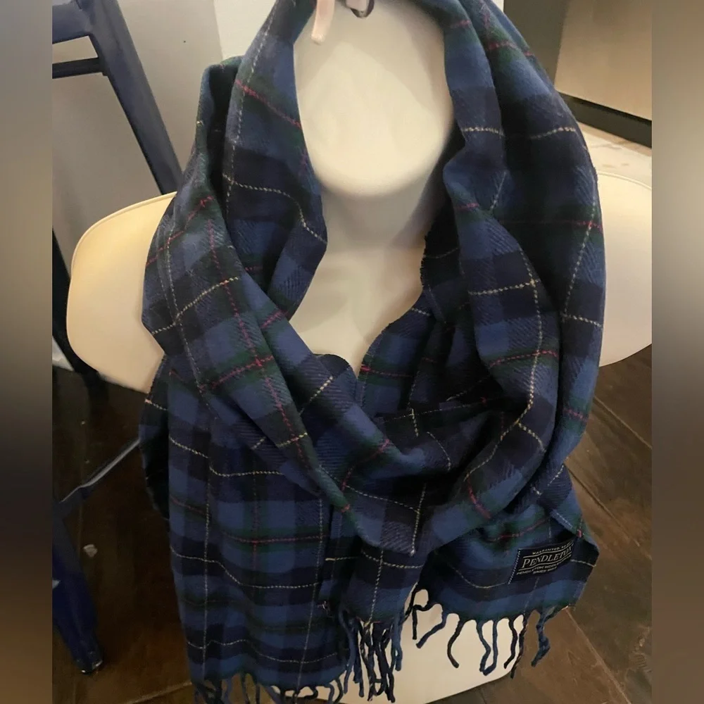 Pendleton Tartan Wool Scarf - Navy, yellow, red and Forest Green